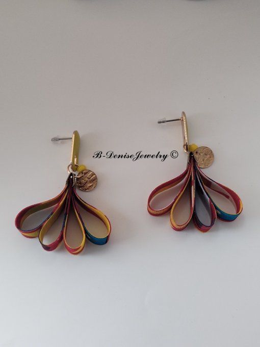 Originales Boucles d'orielles Puce ethnic !! TULIPS !! en tissu wax bois et acier T: 5.5cm x 4.5cm 