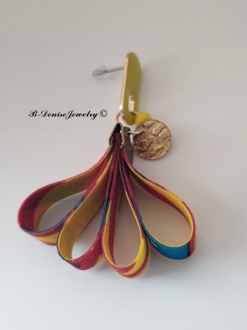 Originales Boucles d'orielles Puce ethnic !! TULIPS !! en tissu wax bois et acier T: 5.5cm x 4.5cm 