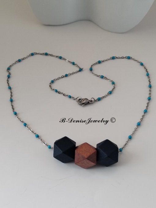 Collier en Acier Inoxydable avec Perle Hexagonale en Bois Longueur 45 cm Collection B-Denise Jewelry