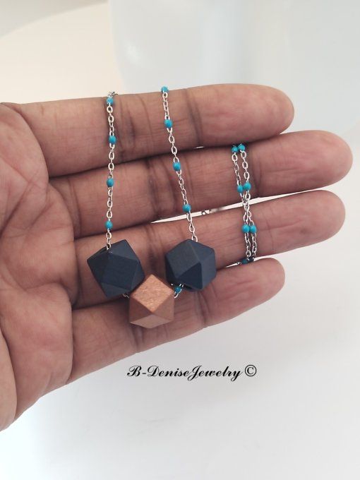 Collier en Acier Inoxydable avec Perle Hexagonale en Bois Longueur 45 cm Collection B-Denise Jewelry