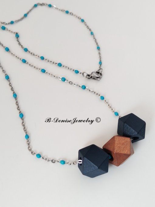 Collier en Acier Inoxydable avec Perle Hexagonale en Bois Longueur 45 cm Collection B-Denise Jewelry
