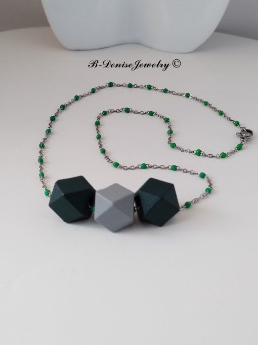 Collier en Acier Inoxydable avec Perle Hexagonale en Bois Longueur 45 cm Collection B-Denise Jewelry