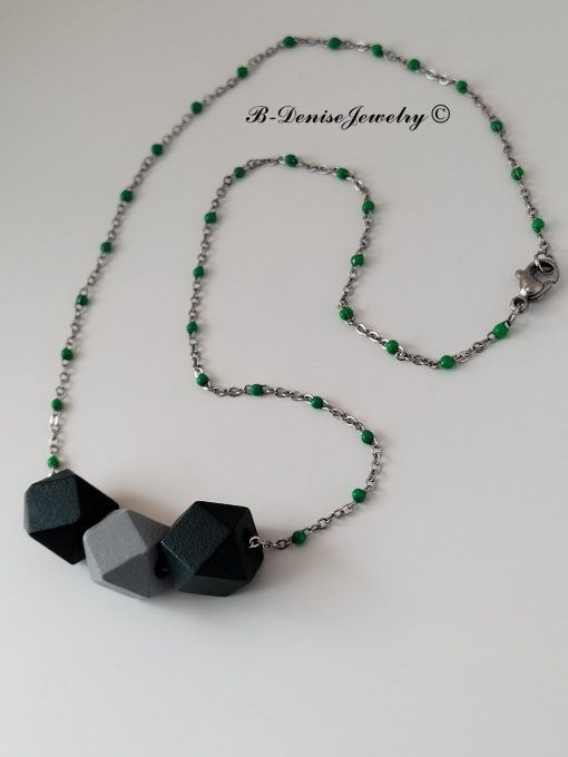 Collier en Acier Inoxydable avec Perle Hexagonale en Bois Longueur 45 cm Collection B-Denise Jewelry