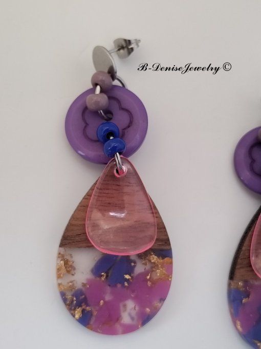 Boucles D'oreilles en Resin et bois !! TEARDROP ! T:6cm x 2.5cm Création artisanale b-denise-jewelry