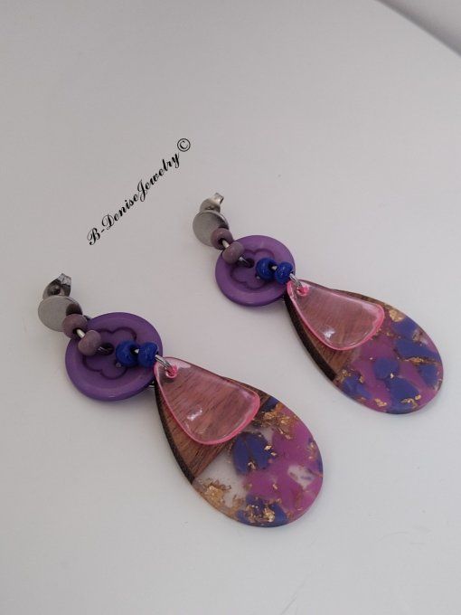 Boucles D'oreilles en Resin et bois !! TEARDROP ! T:6cm x 2.5cm Création artisanale b-denise-jewelry