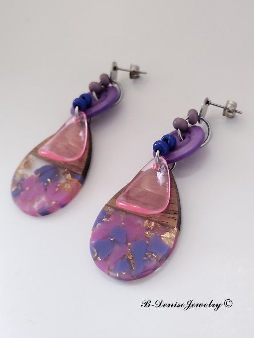 Boucles D'oreilles en Resin et bois !! TEARDROP ! T:6cm x 2.5cm Création artisanale b-denise-jewelry
