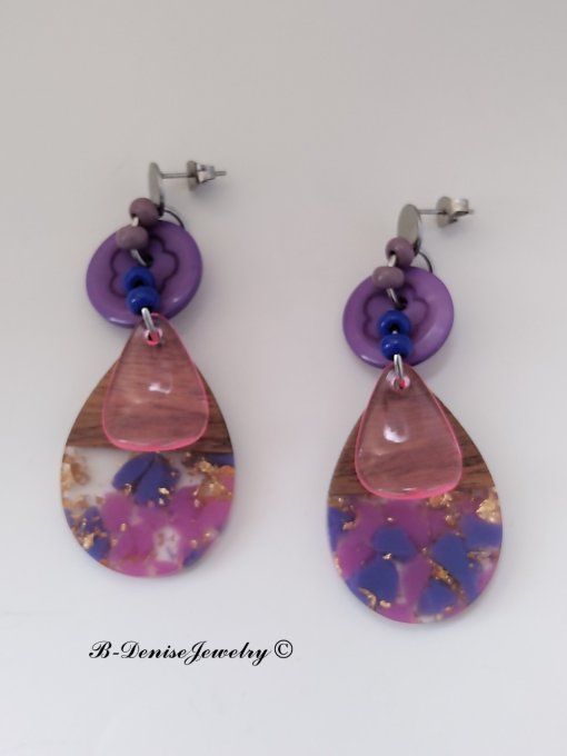 Boucles D'oreilles en Resin et bois !! TEARDROP ! T:6cm x 2.5cm Création artisanale b-denise-jewelry