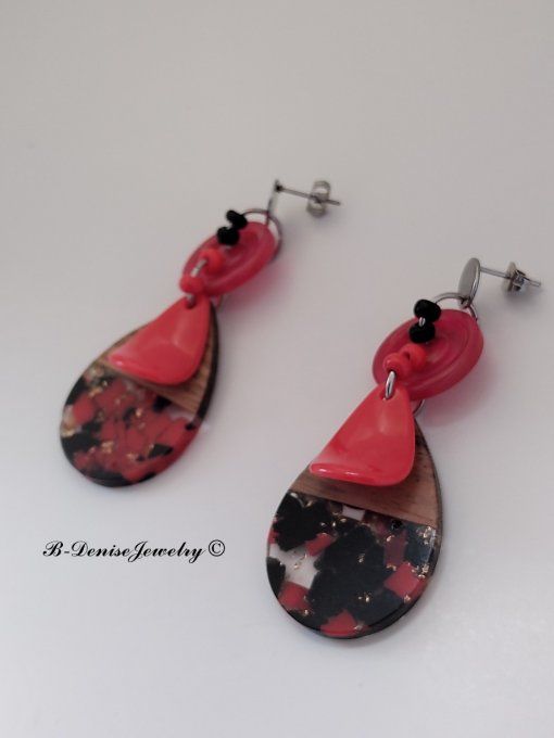Boucles D'oreilles en Resin et bois !! TEARDROP ! T:6cm x 2.5cm Création artisanale b-denise-jewelry