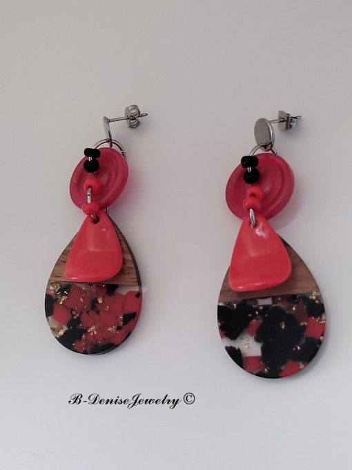 Boucles D'oreilles en Resin et bois !! TEARDROP ! T:6cm x 2.5cm Création artisanale b-denise-jewelry