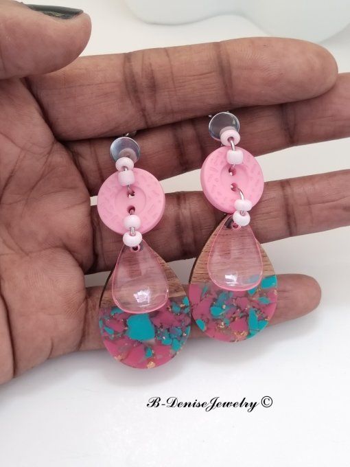 Boucles D'oreilles en Resin et bois !! TEARDROP ! T:6cm x 2.5cm Création artisanale b-denise-jewelry