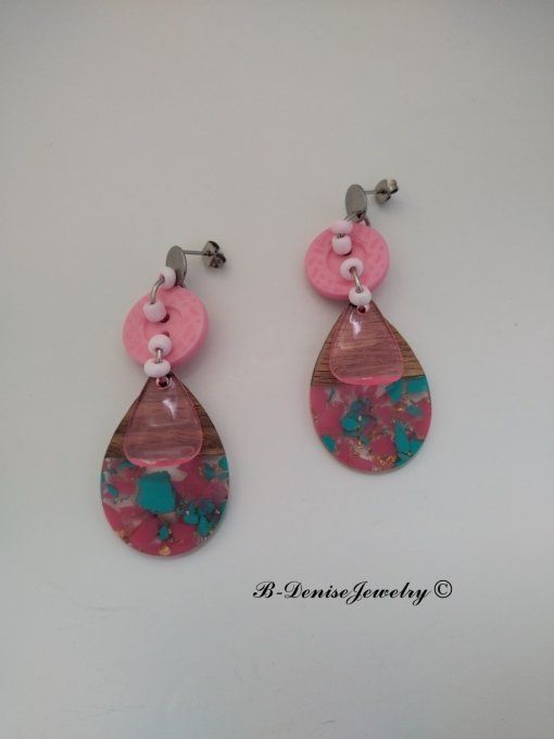 Boucles D'oreilles en Resin et bois !! TEARDROP ! T:6cm x 2.5cm Création artisanale b-denise-jewelry