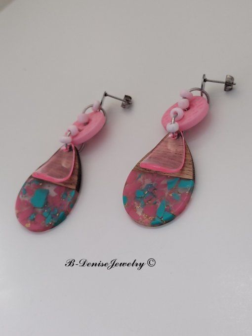 Boucles D'oreilles en Resin et bois !! TEARDROP ! T:6cm x 2.5cm Création artisanale b-denise-jewelry