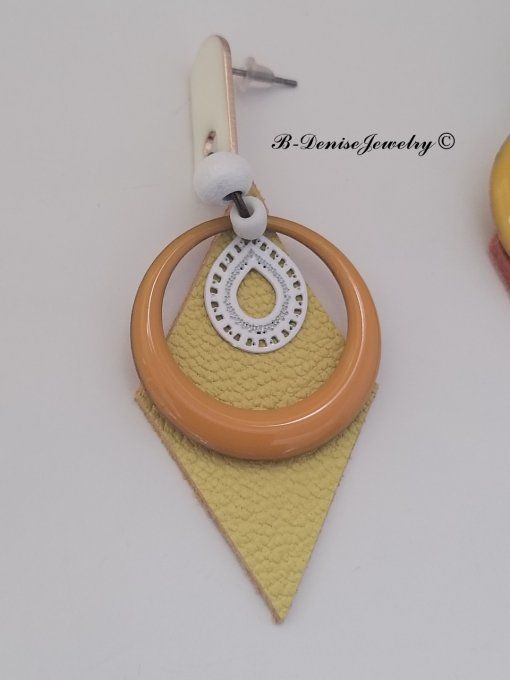 Original boucles d'oreilles Puce !!DIAMOND TEARDROP!! En Cuir Resine Emaille Orange Jaune T:6cm x 3