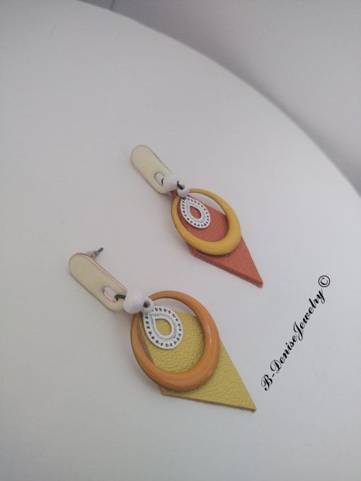 Original boucles d'oreilles Puce !!DIAMOND TEARDROP!! En Cuir Resine Emaille Orange Jaune T:6cm x 3