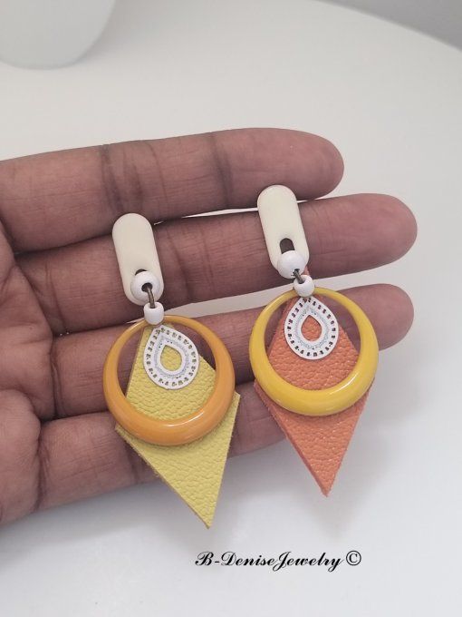 Original boucles d'oreilles Puce !!DIAMOND TEARDROP!! En Cuir Resine Emaille Orange Jaune T:6cm x 3