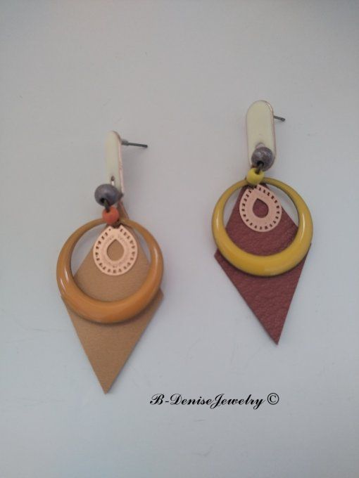Original boucles d'oreilles Puce !!DIAMOND TEARDROP!! En Cuir Tan Marron Resine Emaille Dore T:6cm 