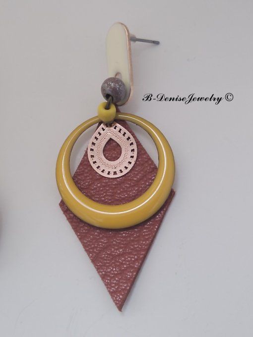 Original boucles d'oreilles Puce !!DIAMOND TEARDROP!! En Cuir Tan Marron Resine Emaille Dore T:6cm 