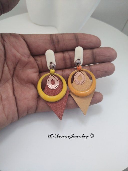 Original boucles d'oreilles Puce !!DIAMOND TEARDROP!! En Cuir Tan Marron Resine Emaille Dore T:6cm 