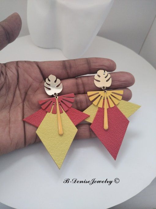 Original boucles d'oreilles Puce Plaque Or 18KT !!EAGLE MONSTERA!! En Cuir Resine Rouge Jaune Dore 