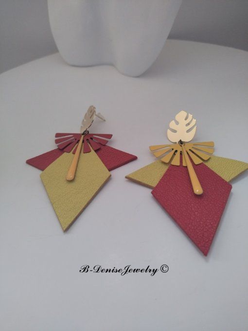Original boucles d'oreilles Puce Plaque Or 18KT !!EAGLE MONSTERA!! En Cuir Resine Rouge Jaune Dore 