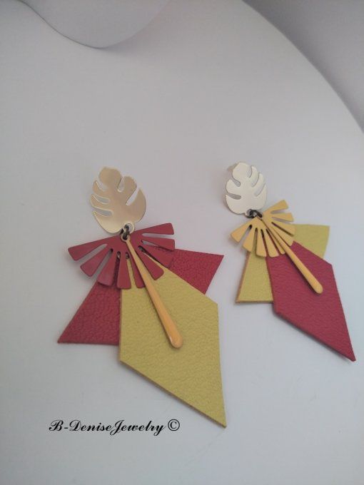 Original boucles d'oreilles Puce Plaque Or 18KT !!EAGLE MONSTERA!! En Cuir Resine Rouge Jaune Dore 