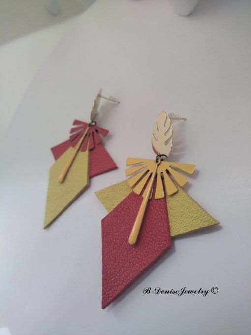 Original boucles d'oreilles Puce Plaque Or 18KT !!EAGLE MONSTERA!! En Cuir Resine Rouge Jaune Dore 