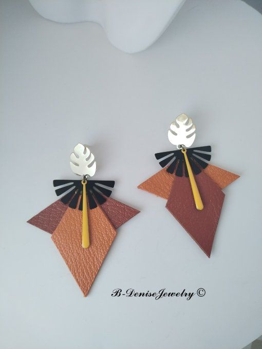 Original boucles d'oreilles Puce Plaque Or 18KT !!EAGLE MONSTERA!! En Cuir Resine orange marran dore