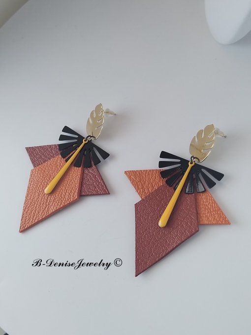 Original boucles d'oreilles Puce Plaque Or 18KT !!EAGLE MONSTERA!! En Cuir Resine orange marran dore