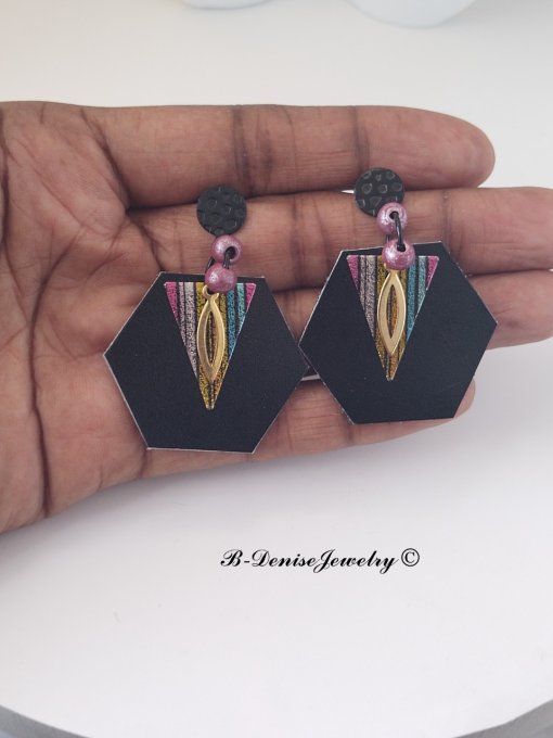 Original boucles d'oreilles Puce en Acier Inoxydable Noir !!HEXAGONE!! En Cuir Noir violet Dore 