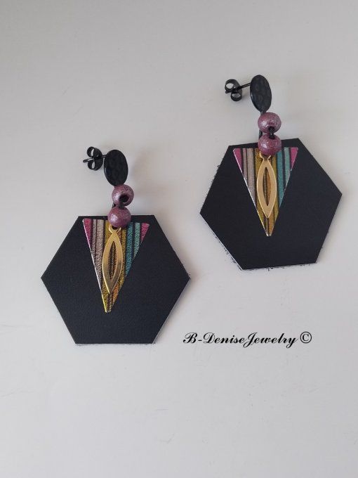 Original boucles d'oreilles Puce en Acier Inoxydable Noir !!HEXAGONE!! En Cuir Noir violet Dore 