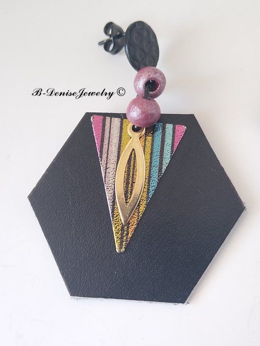 Original boucles d'oreilles Puce en Acier Inoxydable Noir !!HEXAGONE!! En Cuir Noir violet Dore 