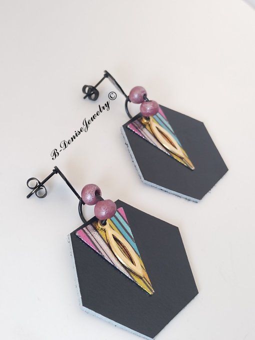 Original boucles d'oreilles Puce en Acier Inoxydable Noir !!HEXAGONE!! En Cuir Noir violet Dore 