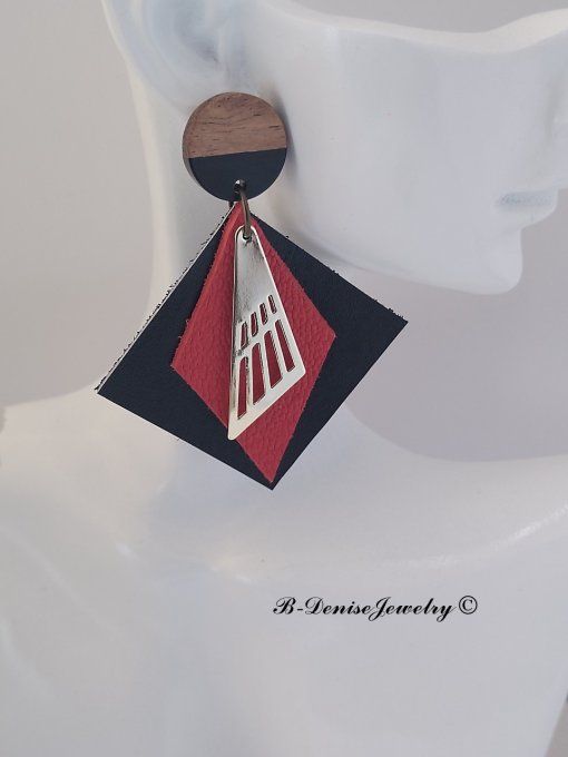 Original boucles d'oreilles Puce en bois resine !! INNER DIAMOND !! En Cuir Noir Rouge Noir T:5.5cm 
