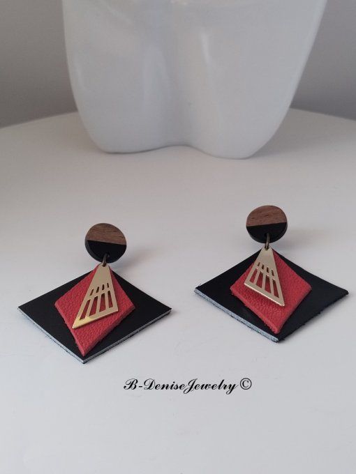 Original boucles d'oreilles Puce en bois resine !! INNER DIAMOND !! En Cuir Noir Rouge Noir T:5.5cm 