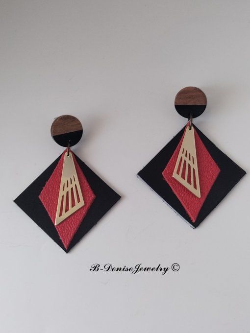 Original boucles d'oreilles Puce en bois resine !! INNER DIAMOND !! En Cuir Noir Rouge Noir T:5.5cm 