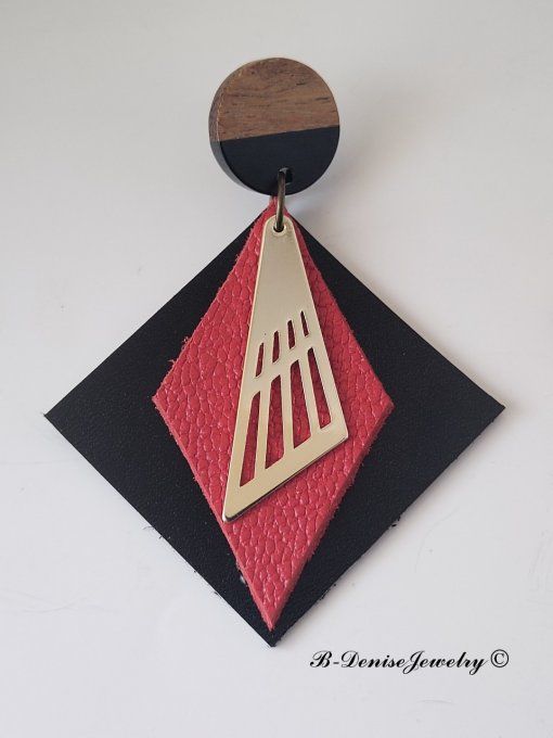 Original boucles d'oreilles Puce en bois resine !! INNER DIAMOND !! En Cuir Noir Rouge Noir T:5.5cm 