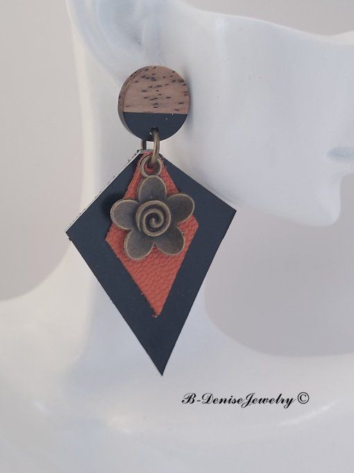 Original boucles d'oreilles Puce en bois resine !!DIAMOND FLOWER!! En Cuir Noir Orange et Bronze 
