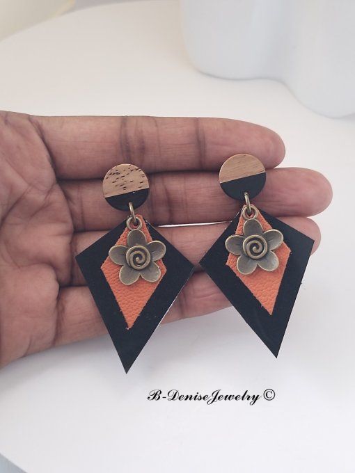 Original boucles d'oreilles Puce en bois resine !!DIAMOND FLOWER!! En Cuir Noir Orange et Bronze 