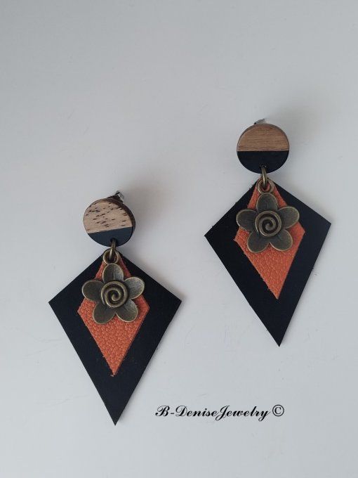 Original boucles d'oreilles Puce en bois resine !!DIAMOND FLOWER!! En Cuir Noir Orange et Bronze 