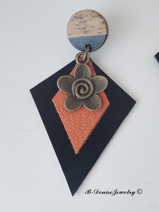 Original boucles d'oreilles Puce en bois resine !!DIAMOND FLOWER!! En Cuir Noir Orange et Bronze 