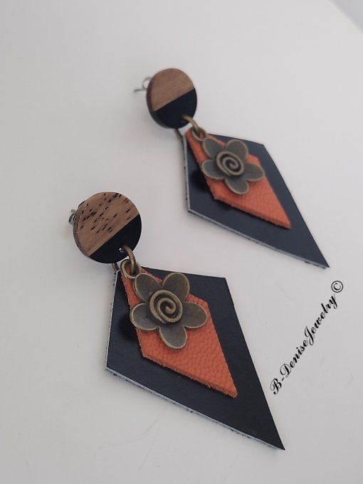 Original boucles d'oreilles Puce en bois resine !!DIAMOND FLOWER!! En Cuir Noir Orange et Bronze 