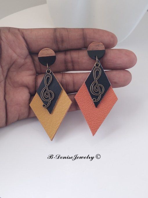 Original boucles d'oreilles Puce en bois resine !! MUSIC !! En Cuir Noir Orange jaune et Bronze T:7