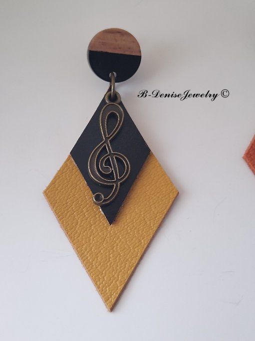 Original boucles d'oreilles Puce en bois resine !! MUSIC !! En Cuir Noir Orange jaune et Bronze T:7