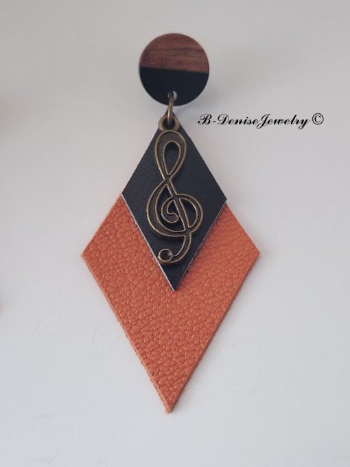 Original boucles d'oreilles Puce en bois resine !! MUSIC !! En Cuir Noir Orange jaune et Bronze T:7