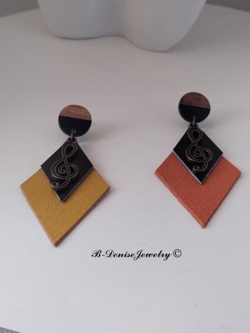 Original boucles d'oreilles Puce en bois resine !! MUSIC !! En Cuir Noir Orange jaune et Bronze T:7