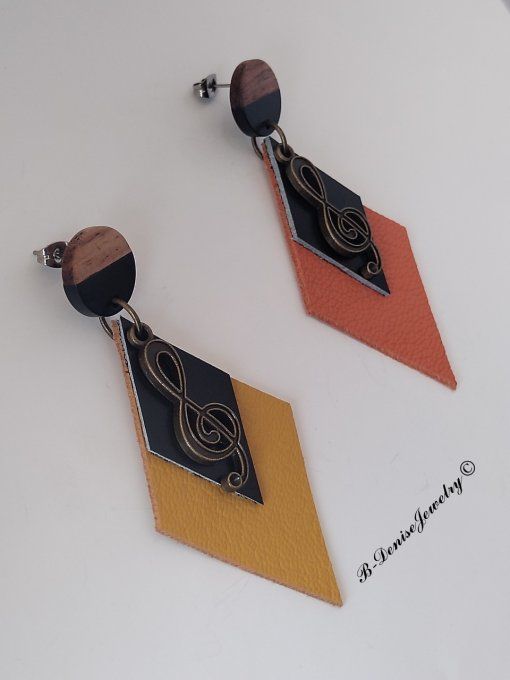 Original boucles d'oreilles Puce en bois resine !! MUSIC !! En Cuir Noir Orange jaune et Bronze T:7