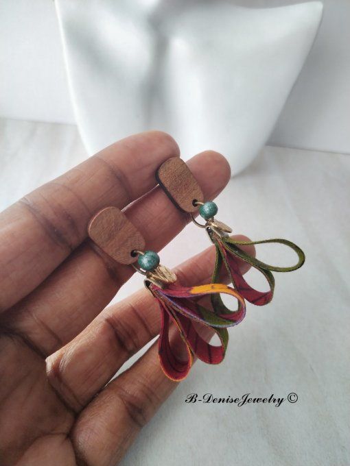 Originales Boucles d'orielles Puce ethnic !! TULIPS !! en tissu wax bois et acier T: 5.5cm x 3cm