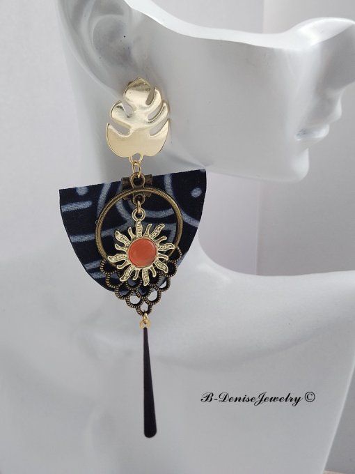 Boucles D'oreilles en Tissu Wax Puce Monstera Plaque Or 18KT !! SUN CHANDELIER !! En Tissu Wax T:4cm