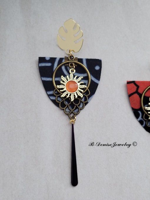 Boucles D'oreilles en Tissu Wax Puce Monstera Plaque Or 18KT !! SUN CHANDELIER !! En Tissu Wax T:4cm