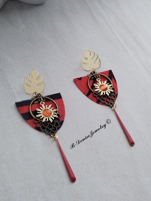 Boucles D'oreilles en Tissu Wax Puce Monstera Plaque Or 18KT !! SUN CHANDELIER !! En Tissu Wax T:4cm